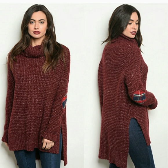 BURGUINDY KNIT PLAID TURTTLE NECk SWEATER - Picture 1 of 2